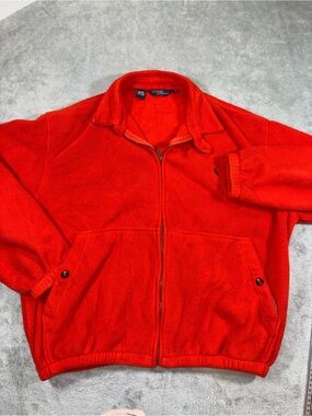 VTG Polo Ralph Lauren Orange Fleece Jacket Made in USA Large Blue Pony
